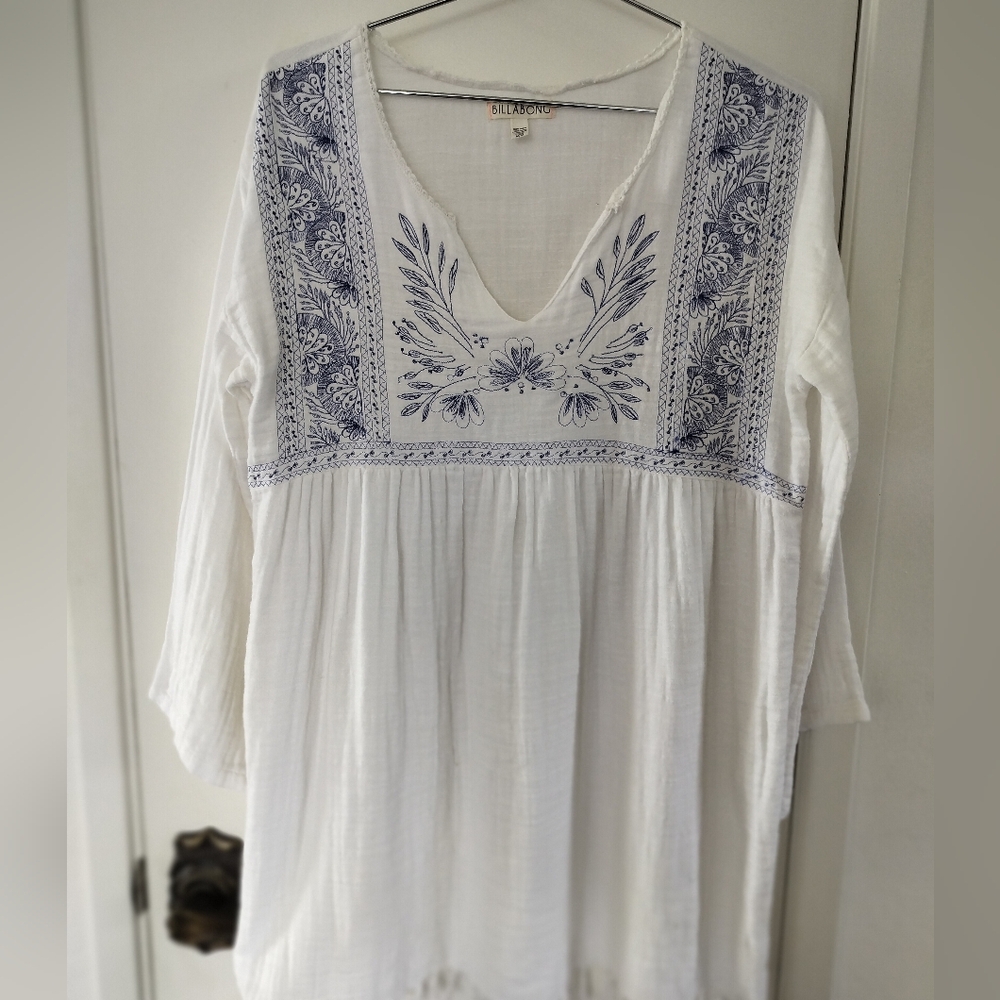 Billabong 100% Cotton Embroidered White Tunic Fringe Hem Size Medium India